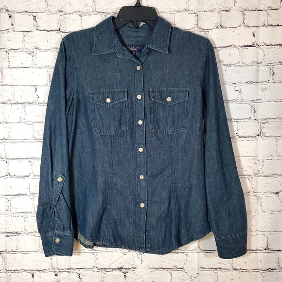 Talbots Tops - Talbots Dark Blue Denim Button Up Blouse with Roll Tab Sleeves Size 8
